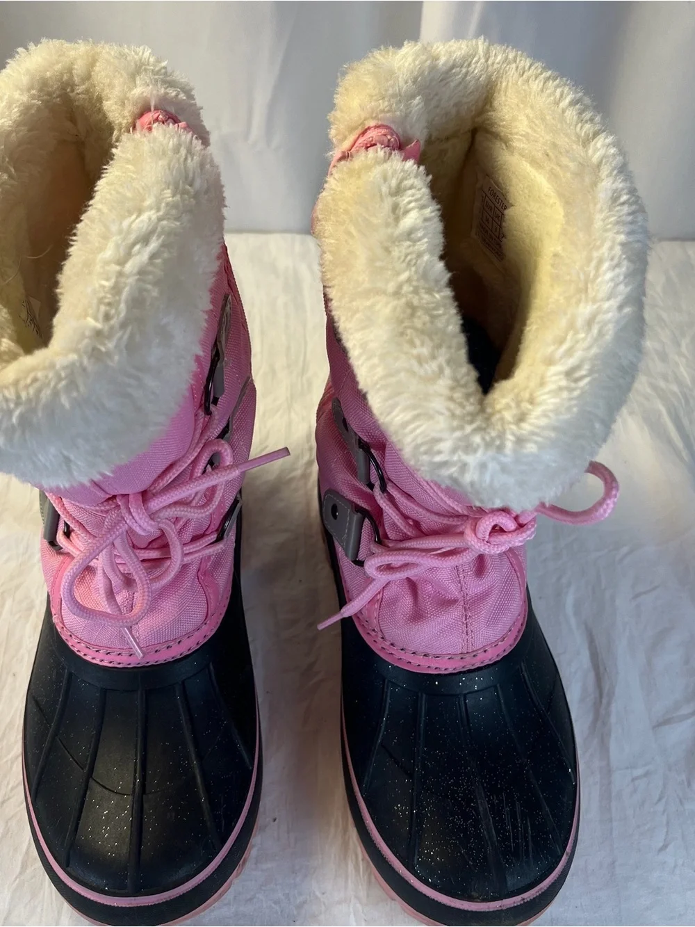 Dream Pairs Girls sz4 Pink&Black Winter Snow Boots Faux Fur Trim Glitter Zip&Tie